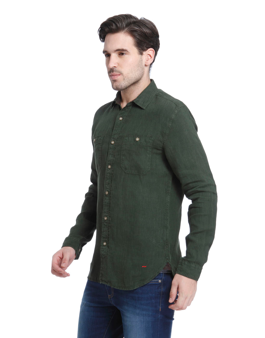 Forest Green Linen Slim Fit Shirt