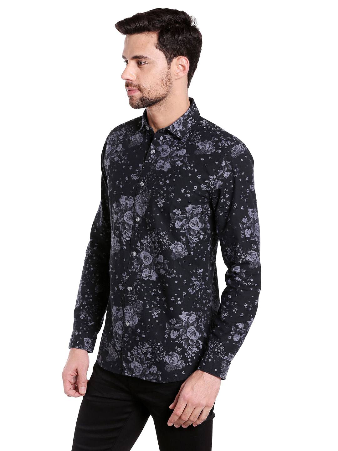 Black Floral Print Slim Fit Shirt