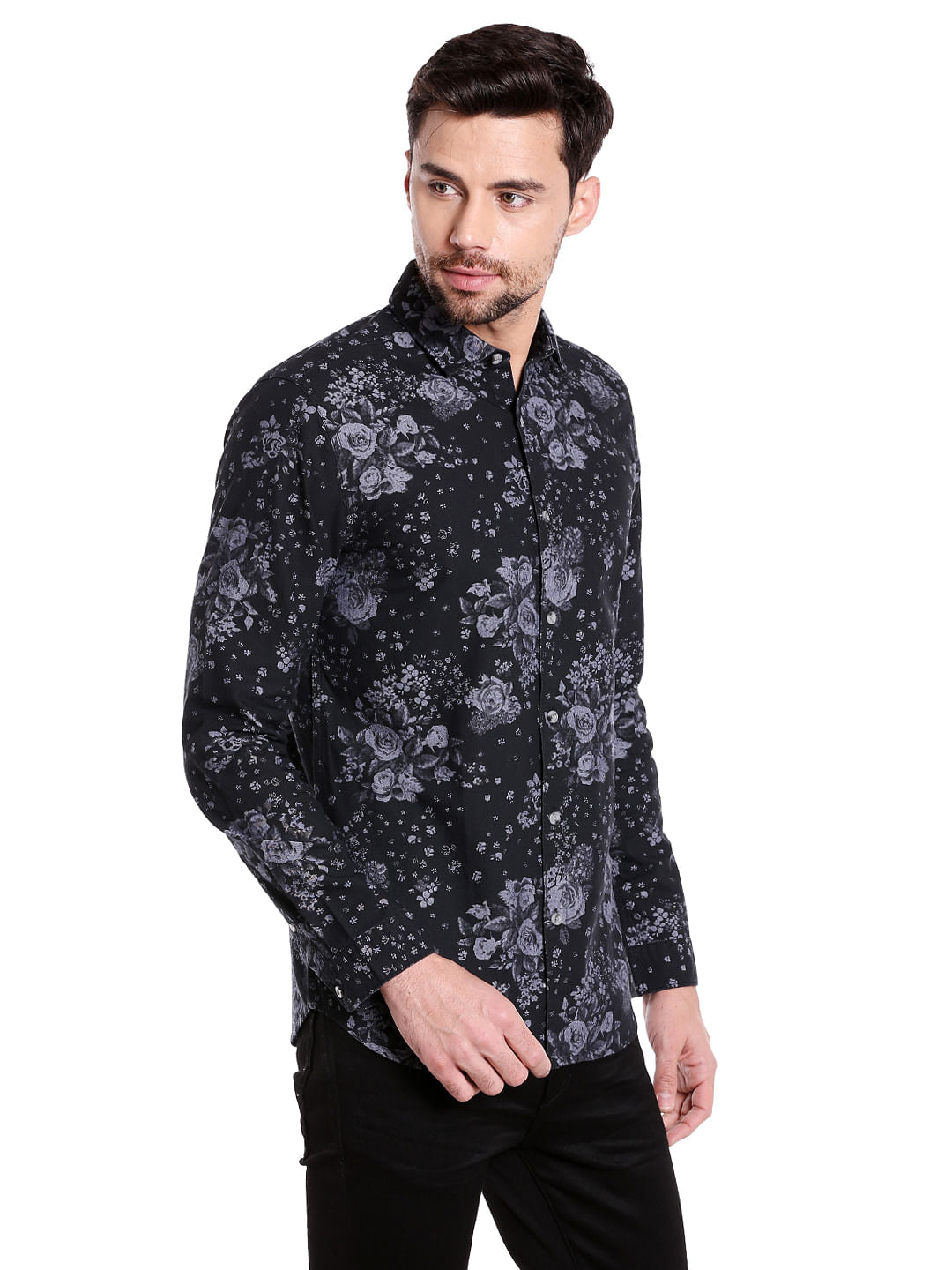 Black Floral Print Slim Fit Shirt