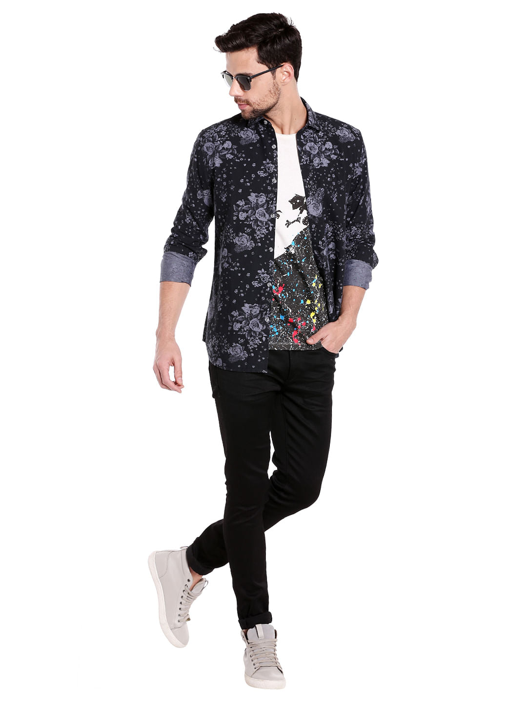 Black Floral Print Slim Fit Shirt