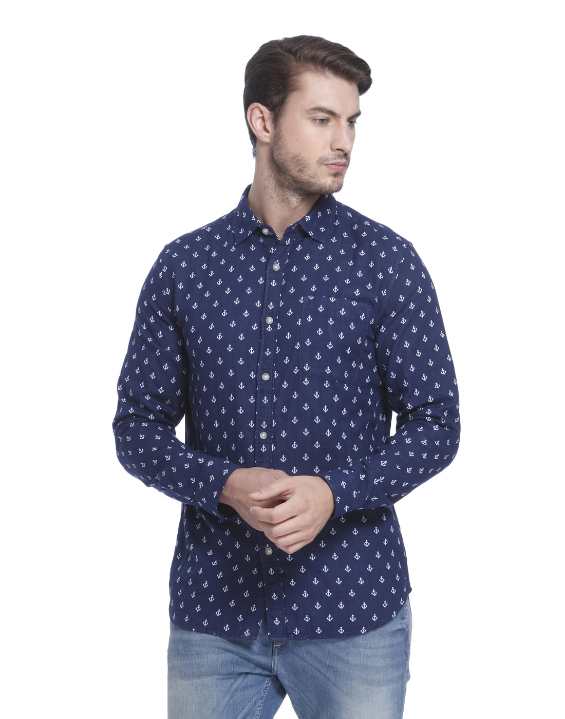 Blue Anchor Print Slim Fit Shirt - S