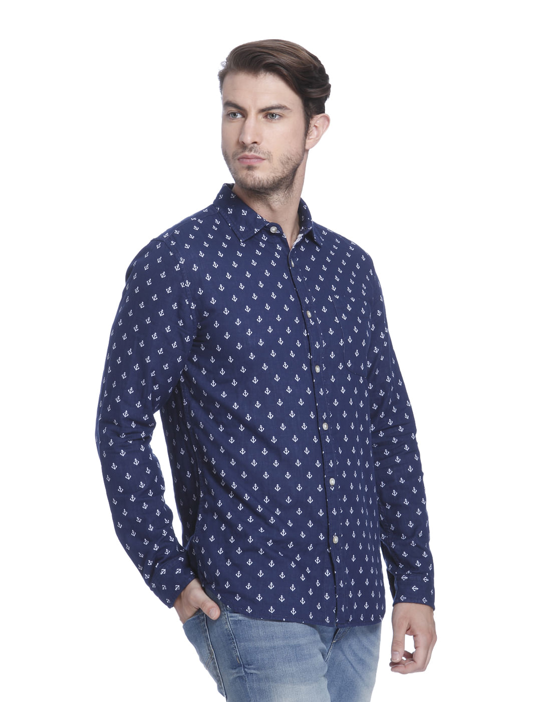 Blue Anchor Print Slim Fit Shirt