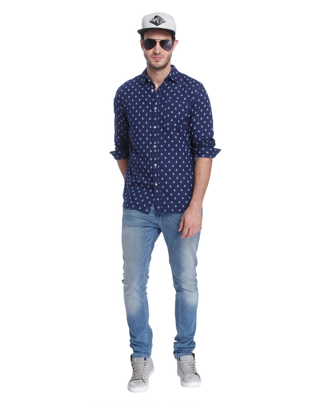 Blue Anchor Print Slim Fit Shirt