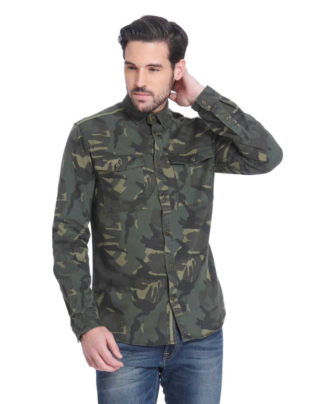 Green Camo Print Slim Fit Shirt - S