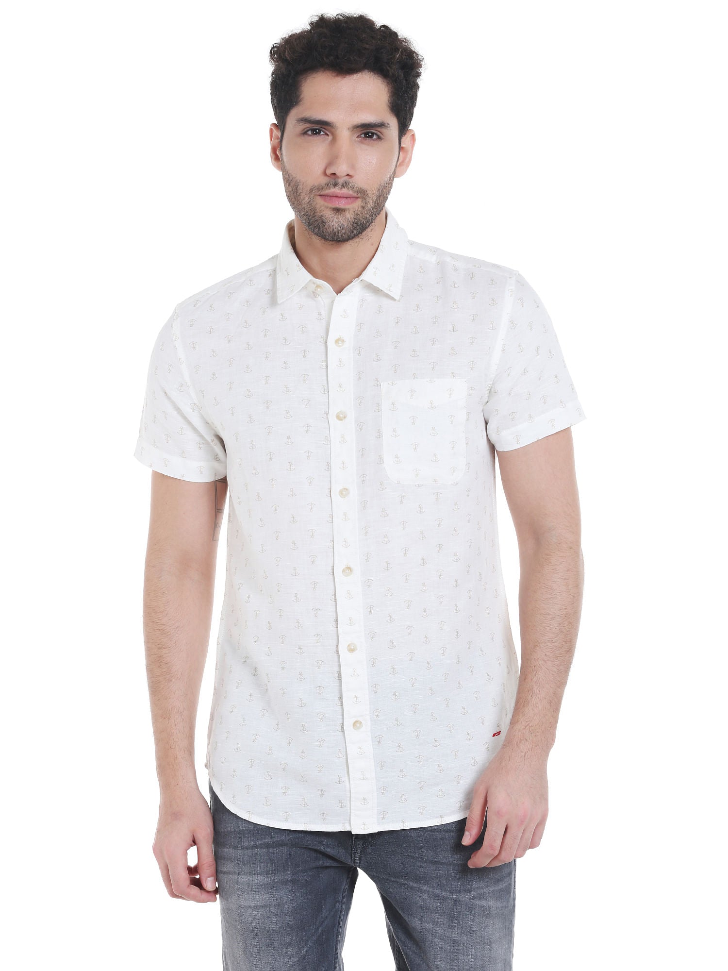 White Anchor Print Linen Shirt