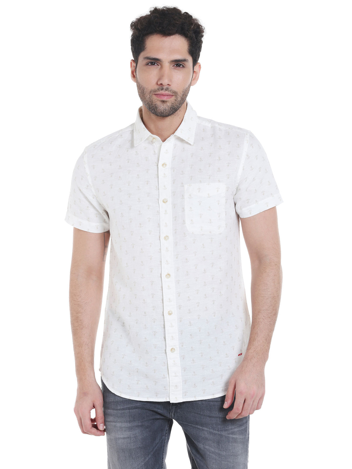 White Anchor Print Linen Shirt - S