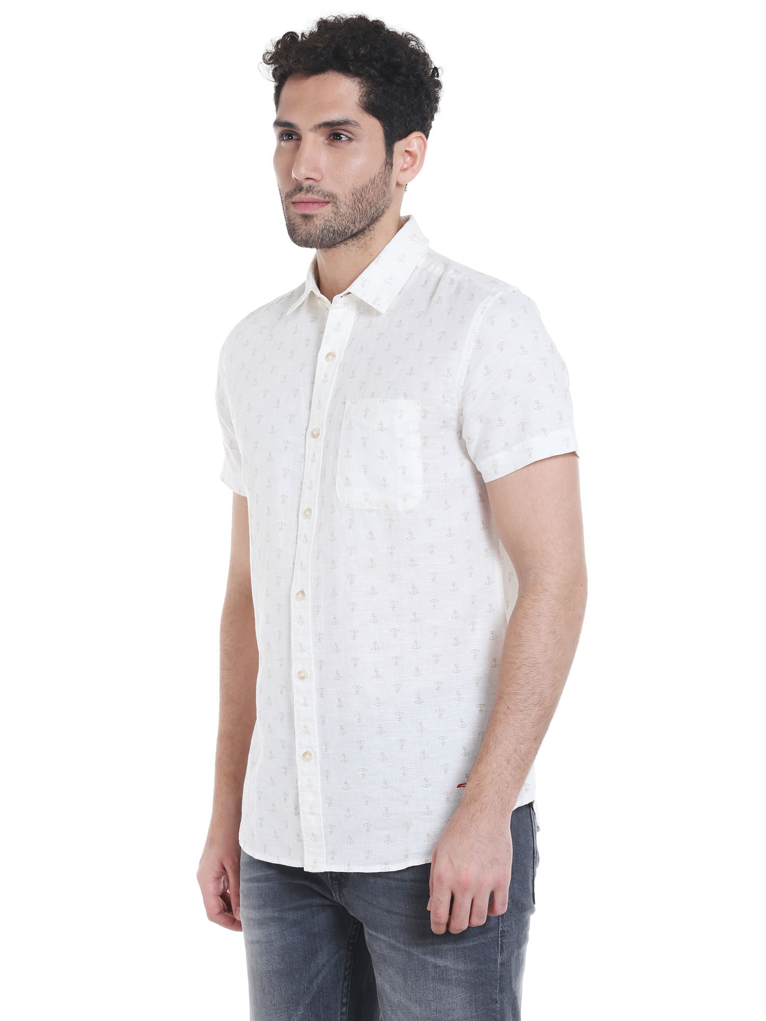 White Anchor Print Linen Shirt