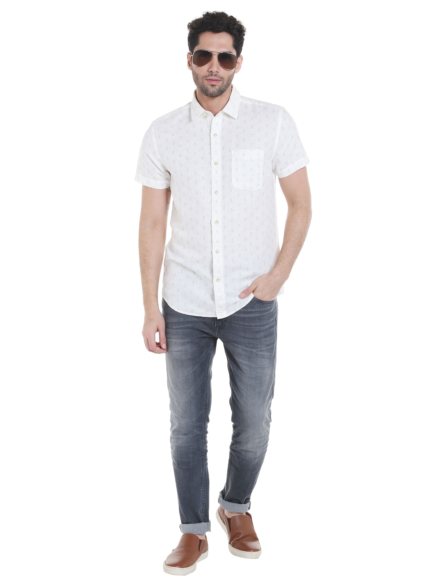 White Anchor Print Linen Shirt