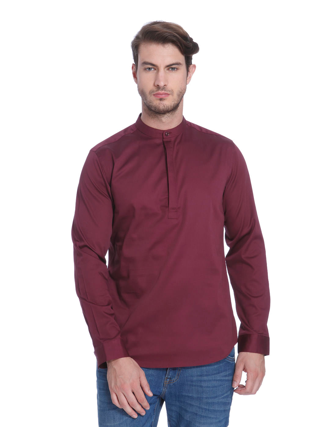 Red Mandarin Collar Shirt