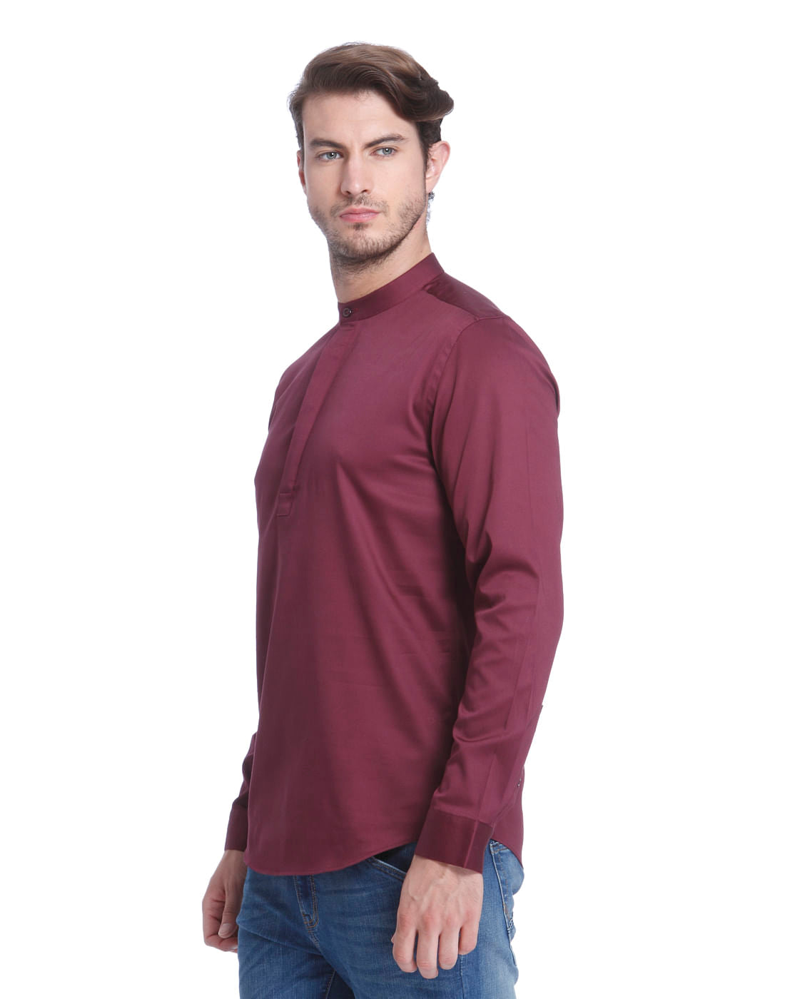 Red Mandarin Collar Shirt