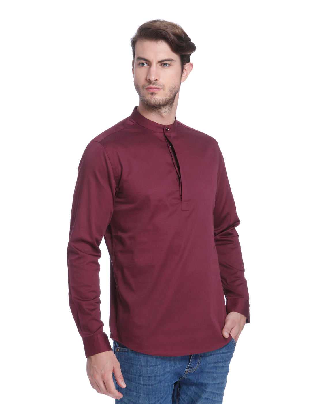 Red Mandarin Collar Shirt