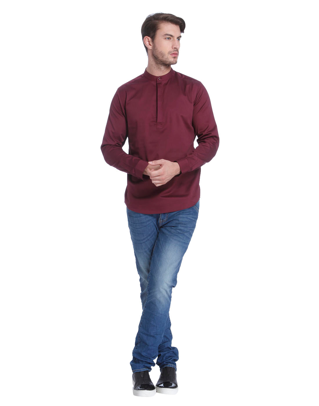 Red Mandarin Collar Shirt