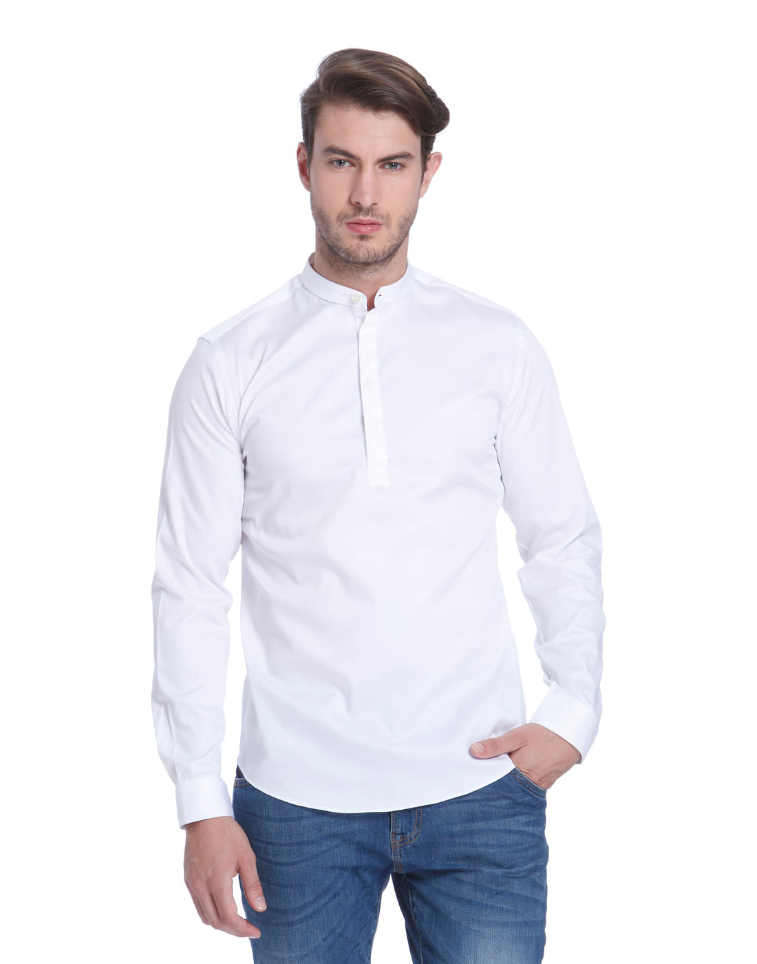 White Mandarin Collar Shirt - S