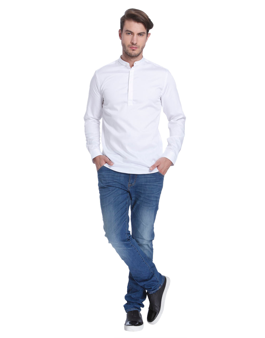 White Mandarin Collar Shirt