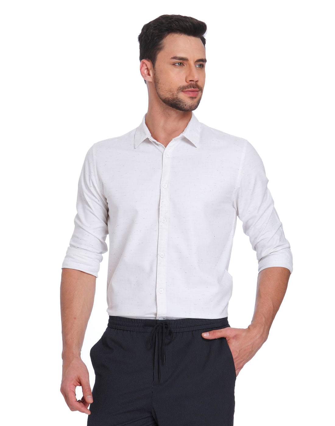 White Textured Slim Fit Shirt - S