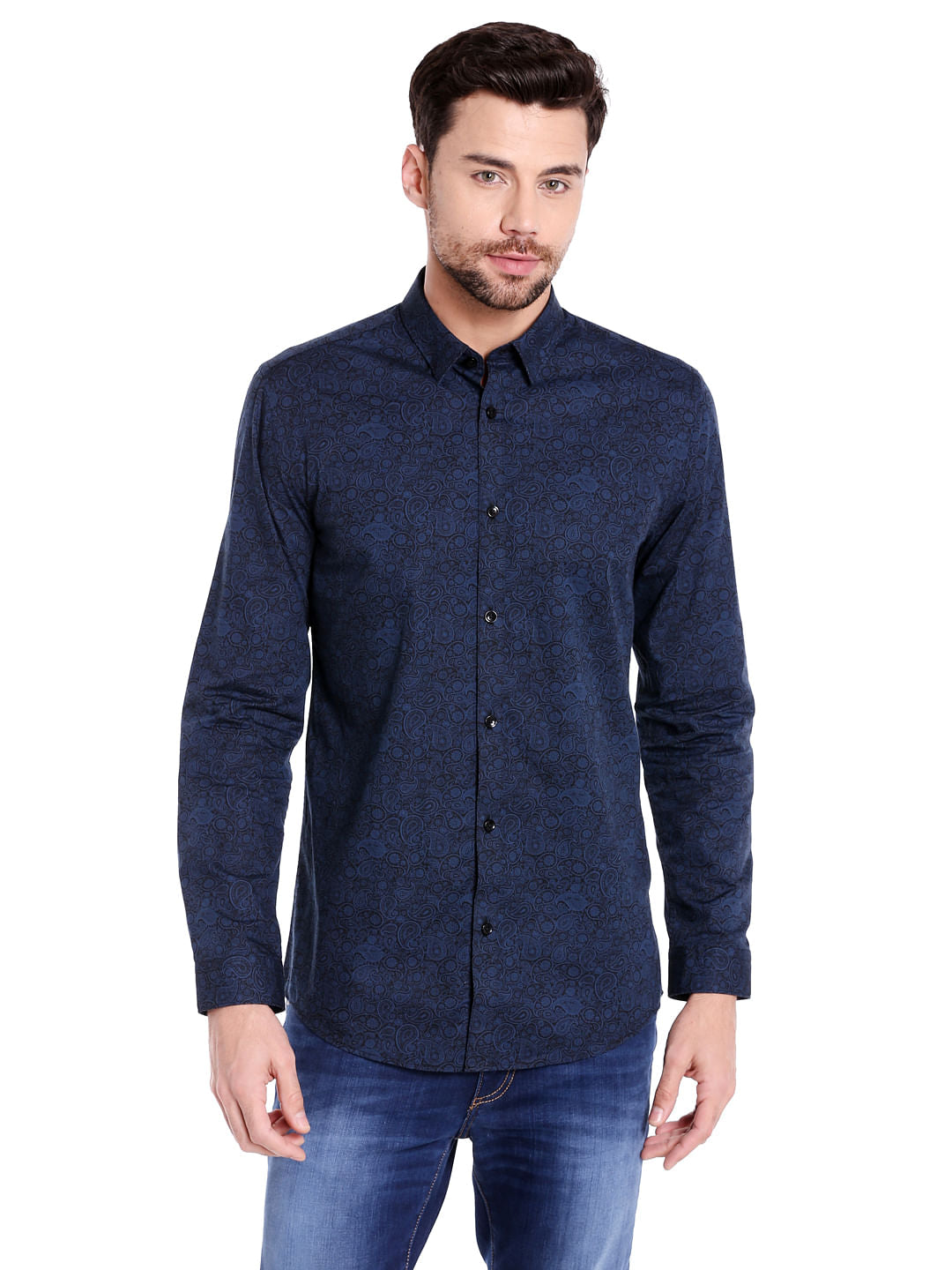 Dark Blue Paisley Print Slim Fit Shirt - S