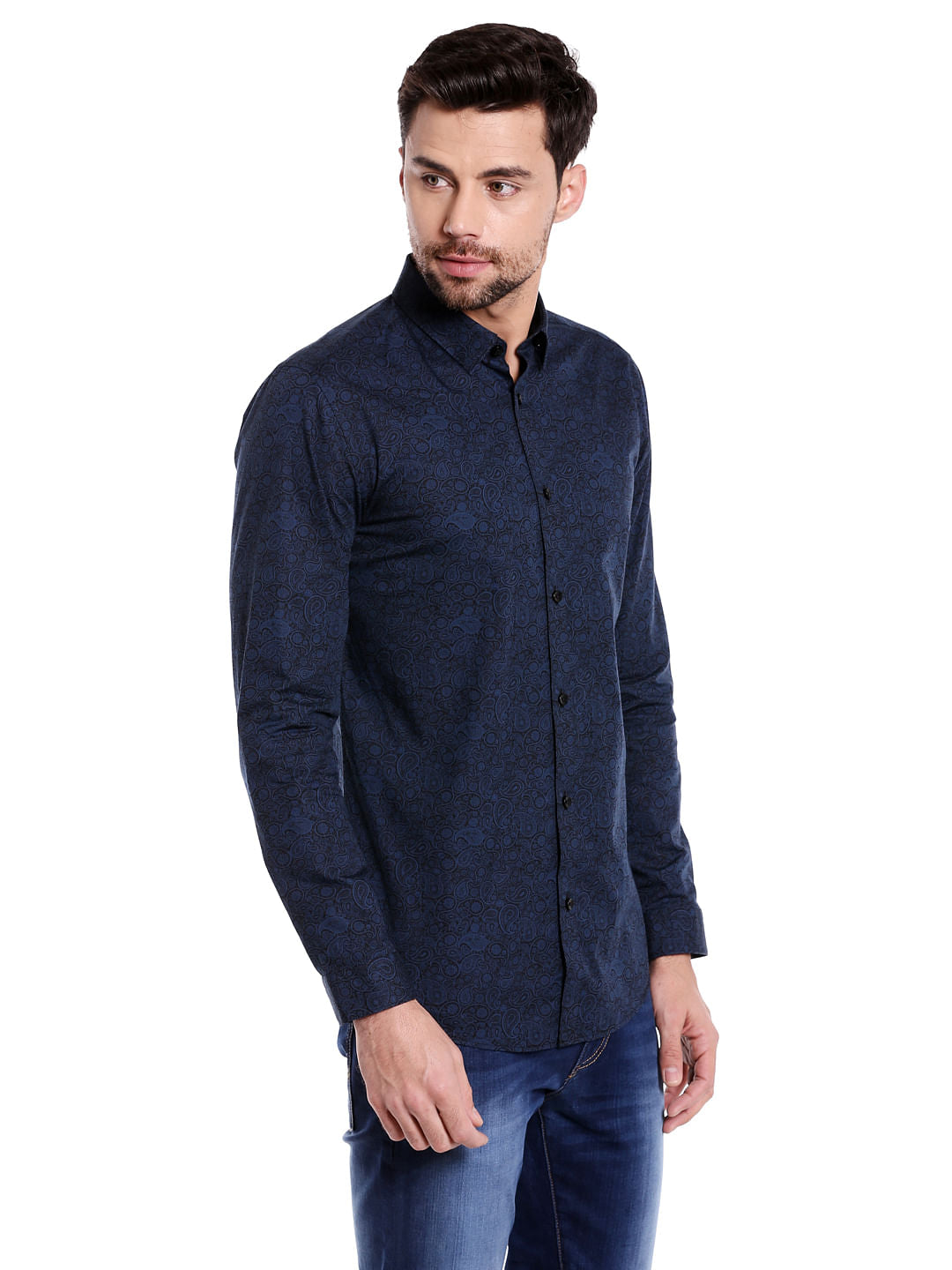 Dark Blue Paisley Print Slim Fit Shirt