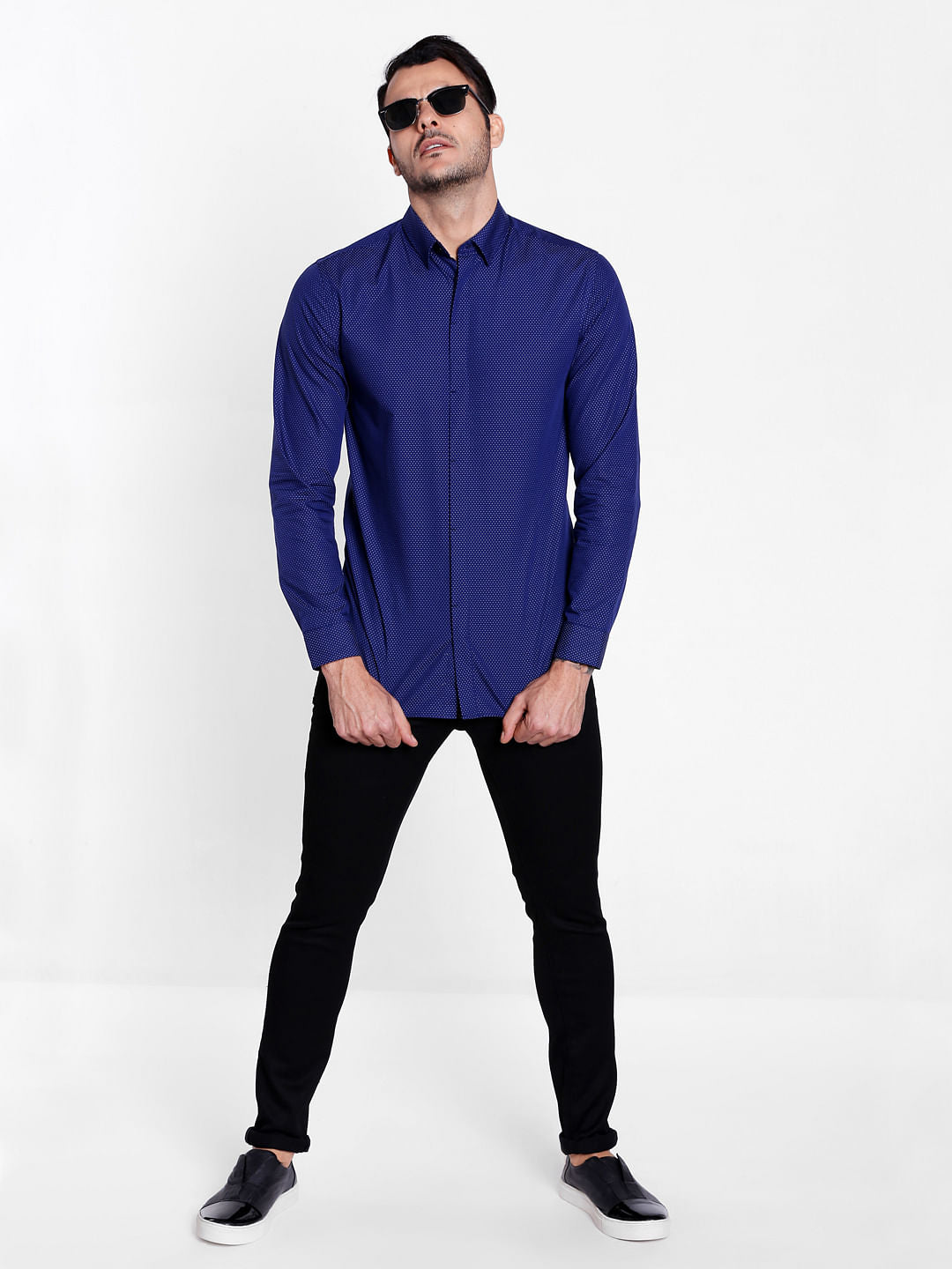Blue Self Print Slim Fit Shirt
