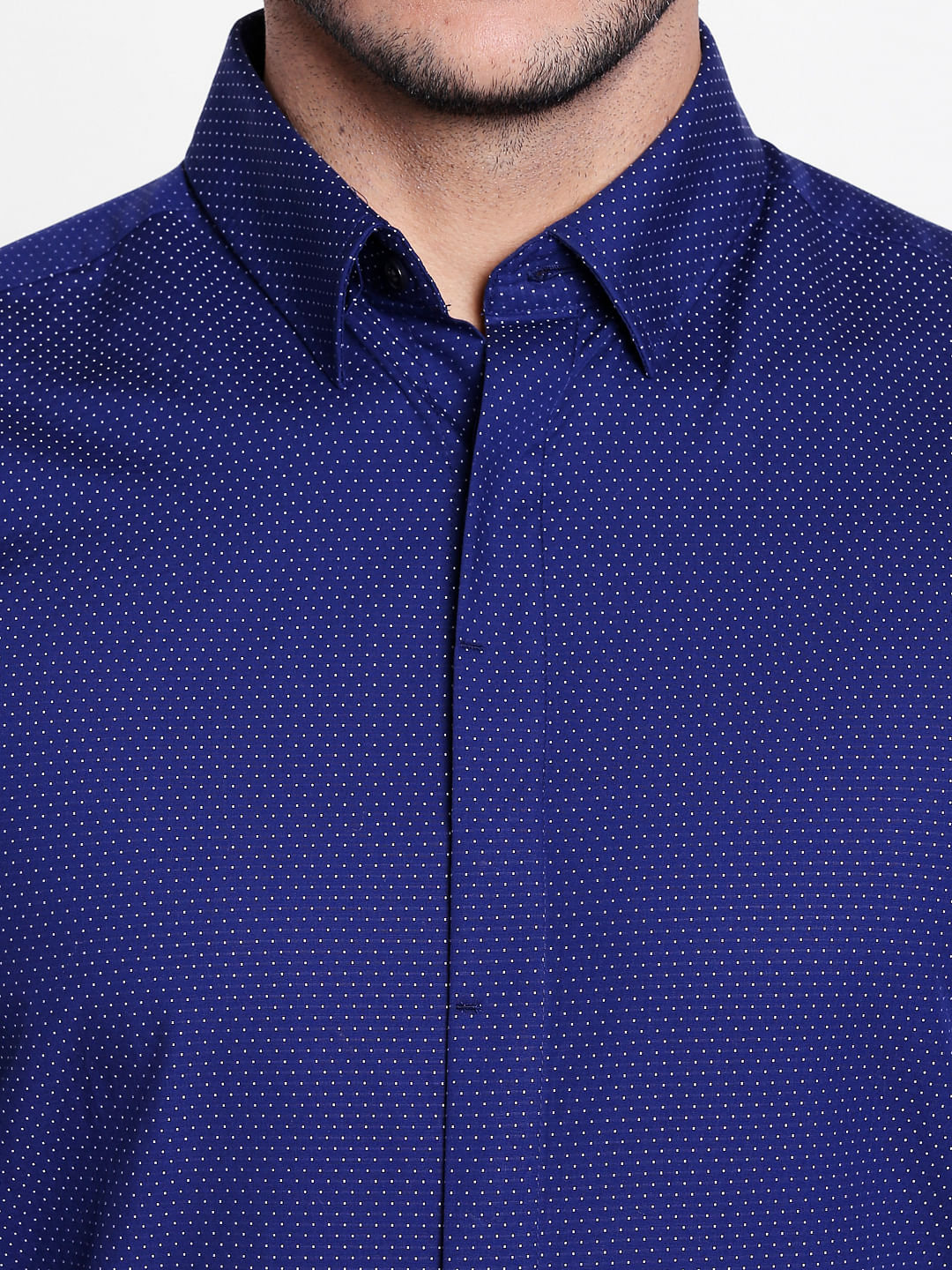 Blue Self Print Slim Fit Shirt