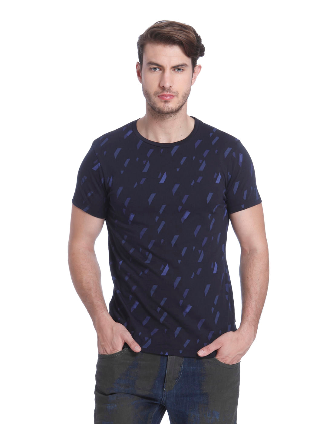 Dark Blue All Over Print Crew Neck T-Shirt - S
