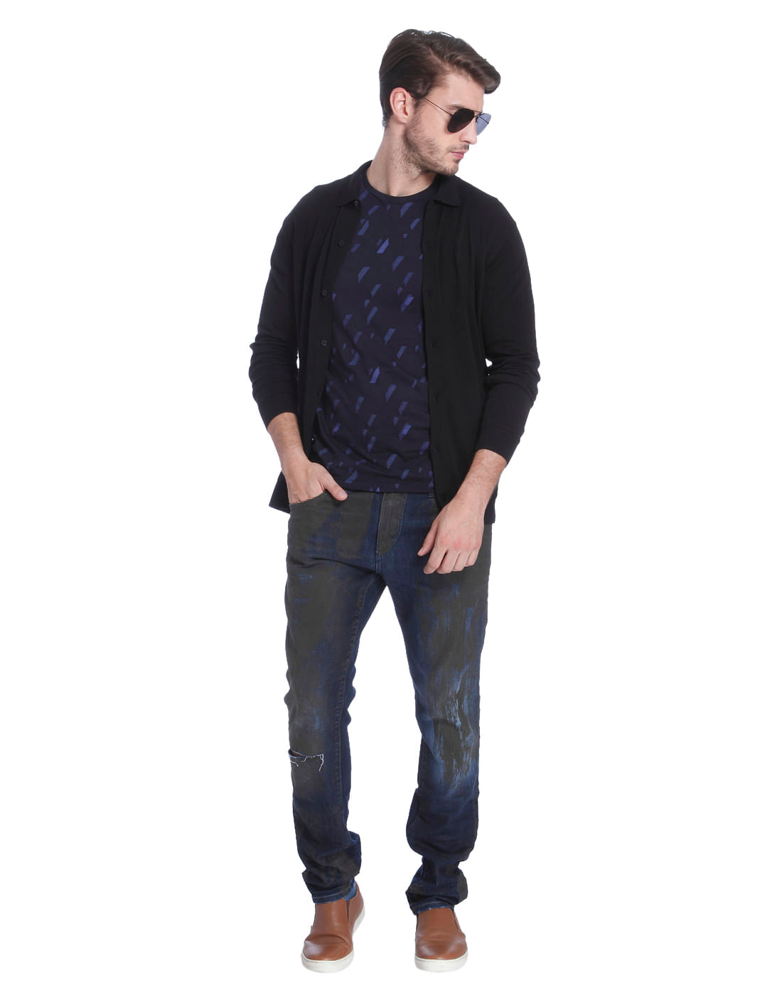 Dark Blue All Over Print Crew Neck T-Shirt