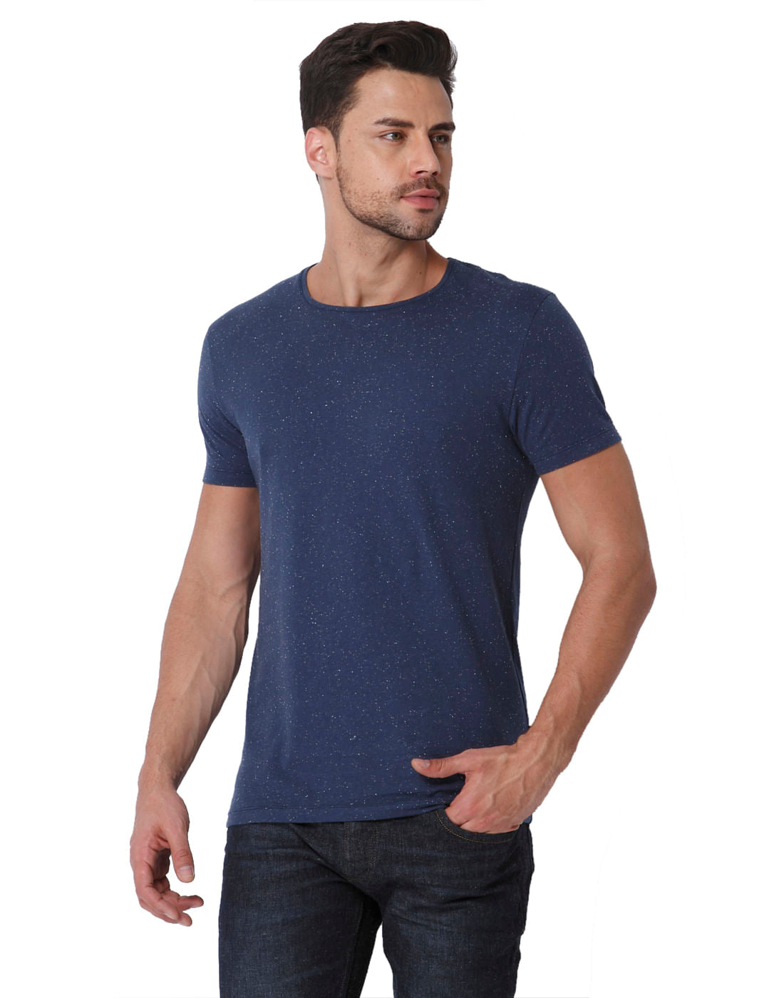 Blue Self Print Crew Neck T-Shirt