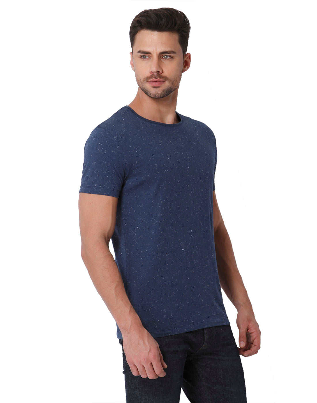 Blue Self Print Crew Neck T-Shirt