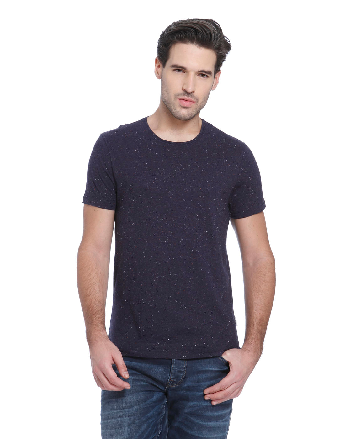 Blue Self Print Crew Neck T-Shirt - S