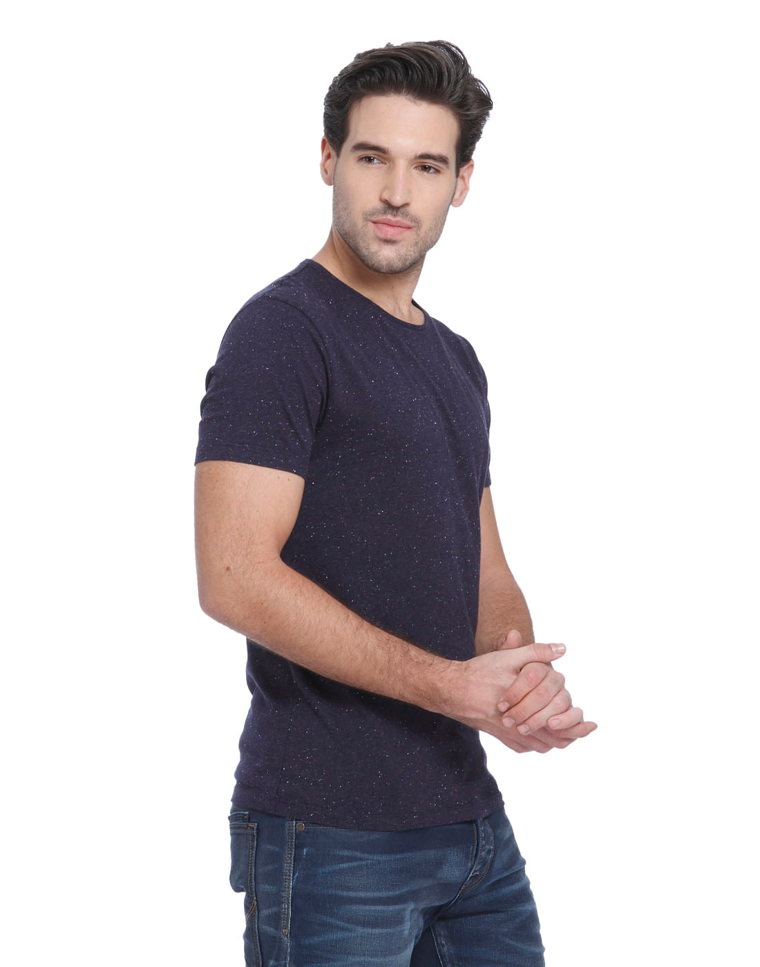 Blue Self Print Crew Neck T-Shirt