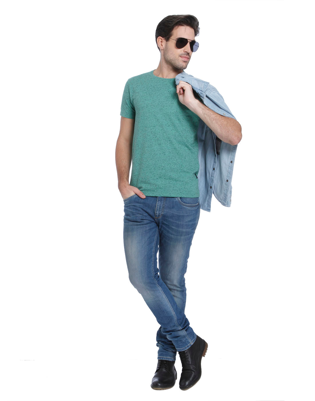 Green Self Print Crew Neck T-Shirt