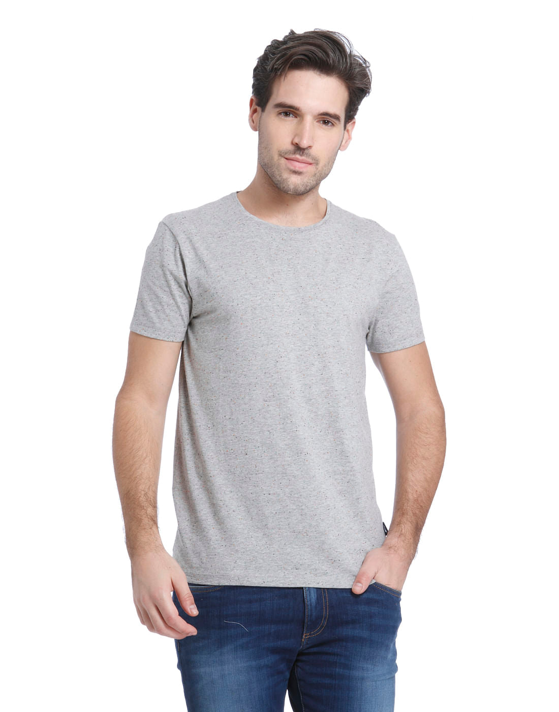 Light Grey Self Print Crew Neck T-Shirt - S