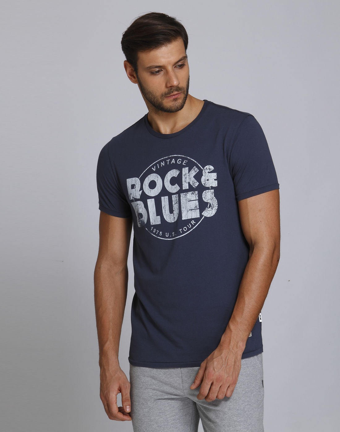 Blue Text Print Crew Neck T-Shirt - S