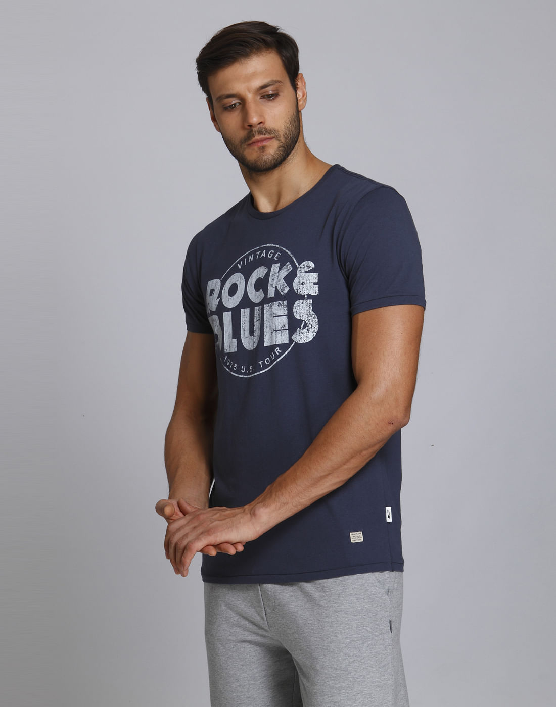 Blue Text Print Crew Neck T-Shirt