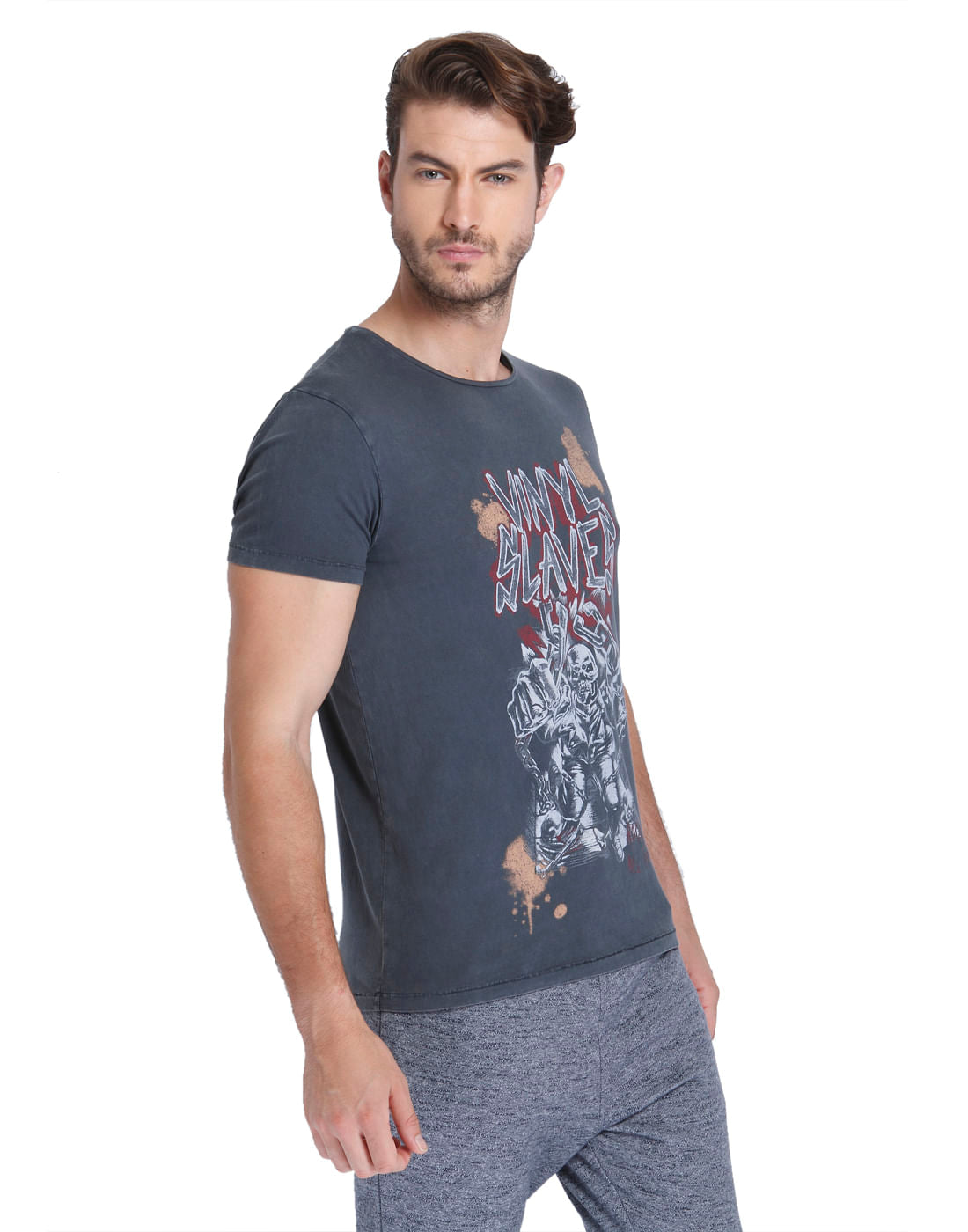Dark Grey Graphic Print Crew Neck T-Shirt