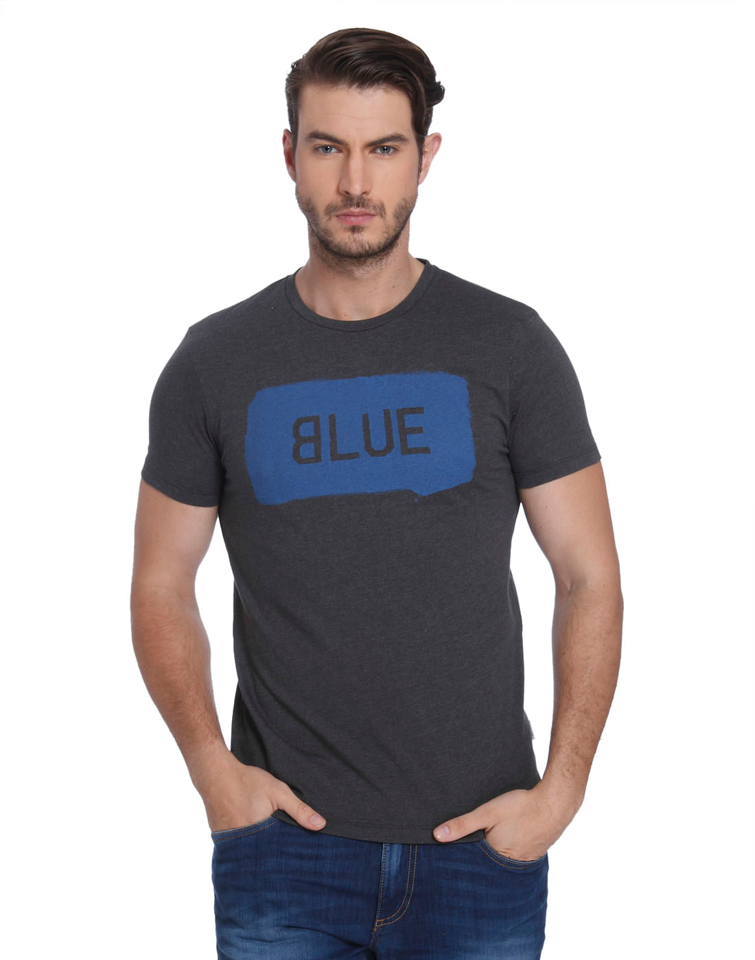 Dark Grey And Blue Printed Crew Neck T-Shirt - S