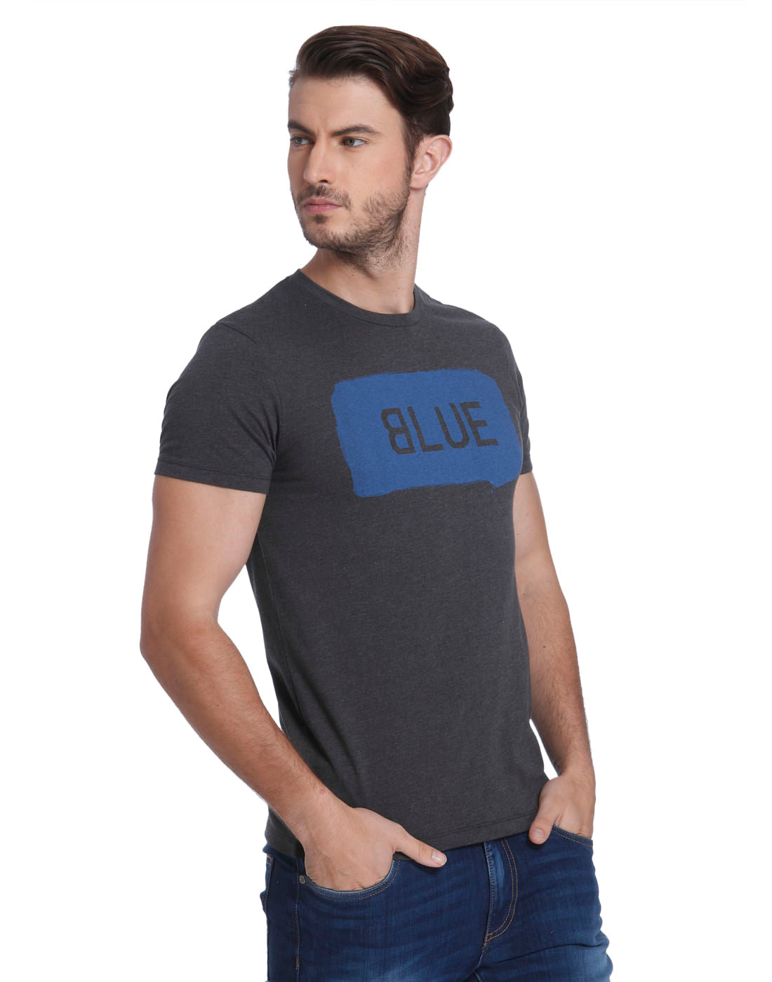Dark Grey And Blue Printed Crew Neck T-Shirt