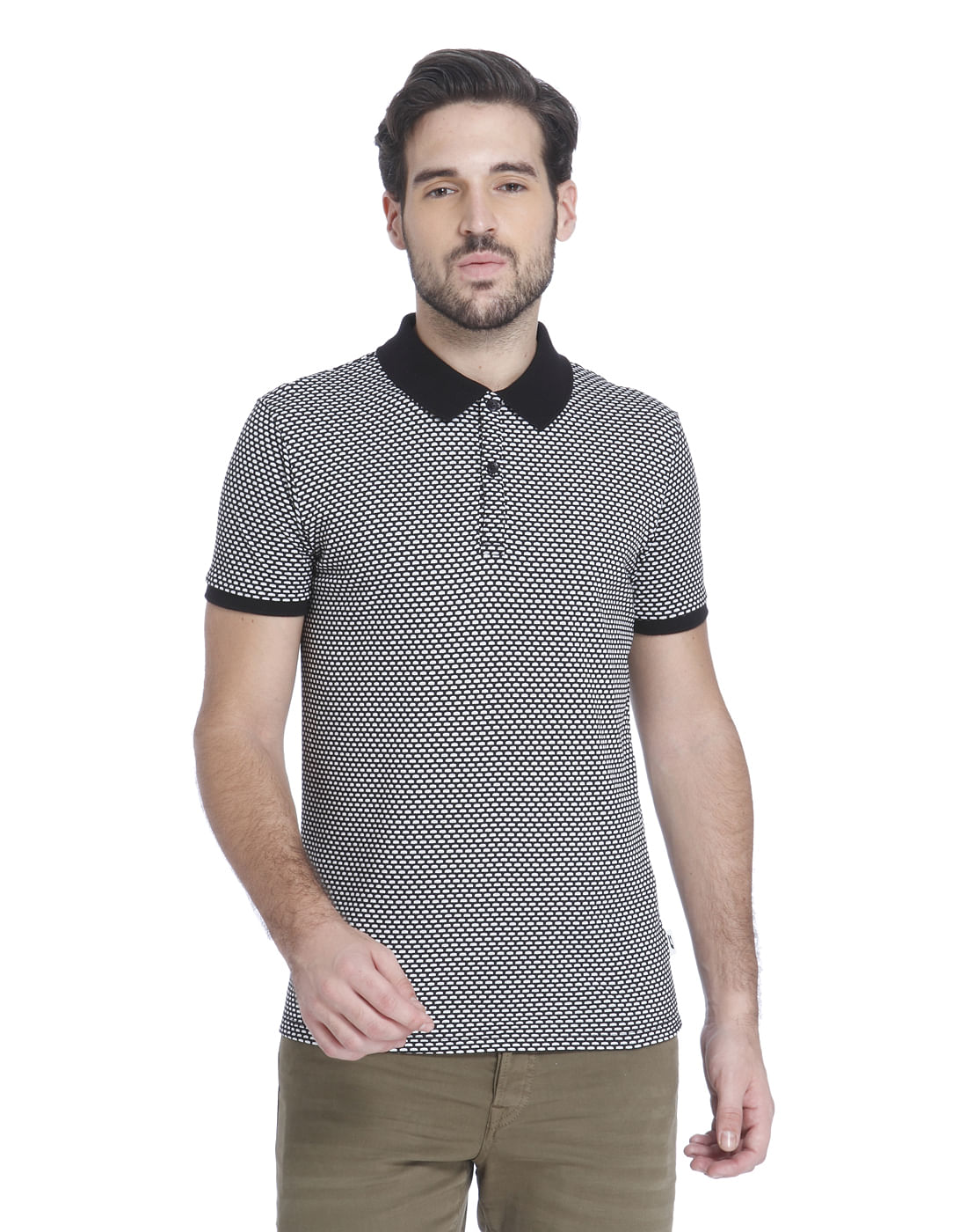 White Self Print Polo T-Shirt - S