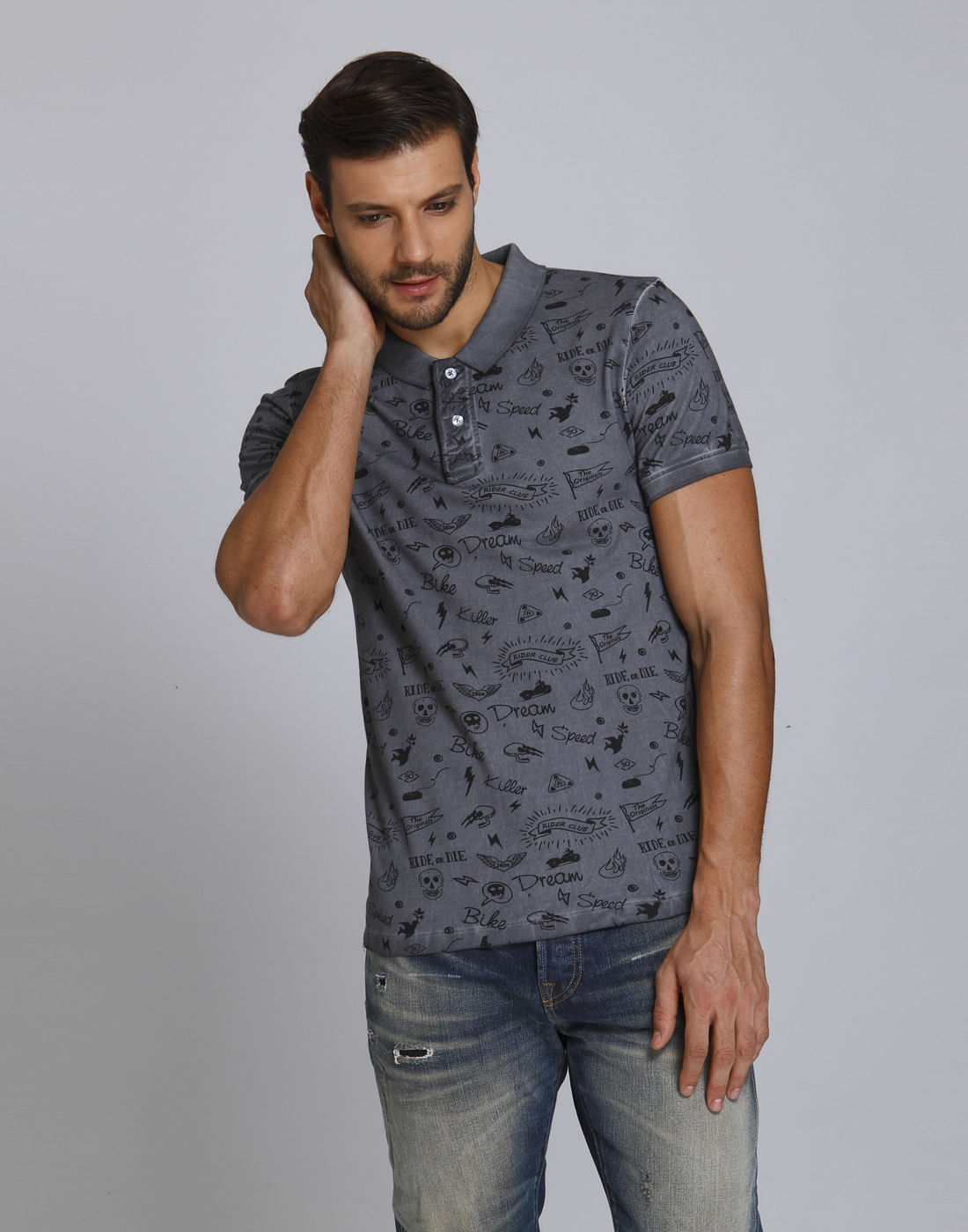 Dark Grey Scribble Print Polo T-Shirt - S
