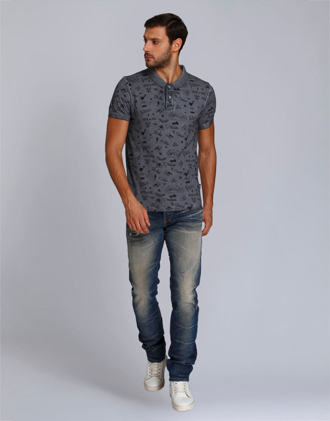 Dark Grey Scribble Print Polo T-Shirt