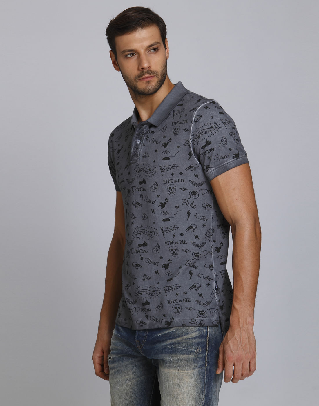 Dark Grey Scribble Print Polo T-Shirt