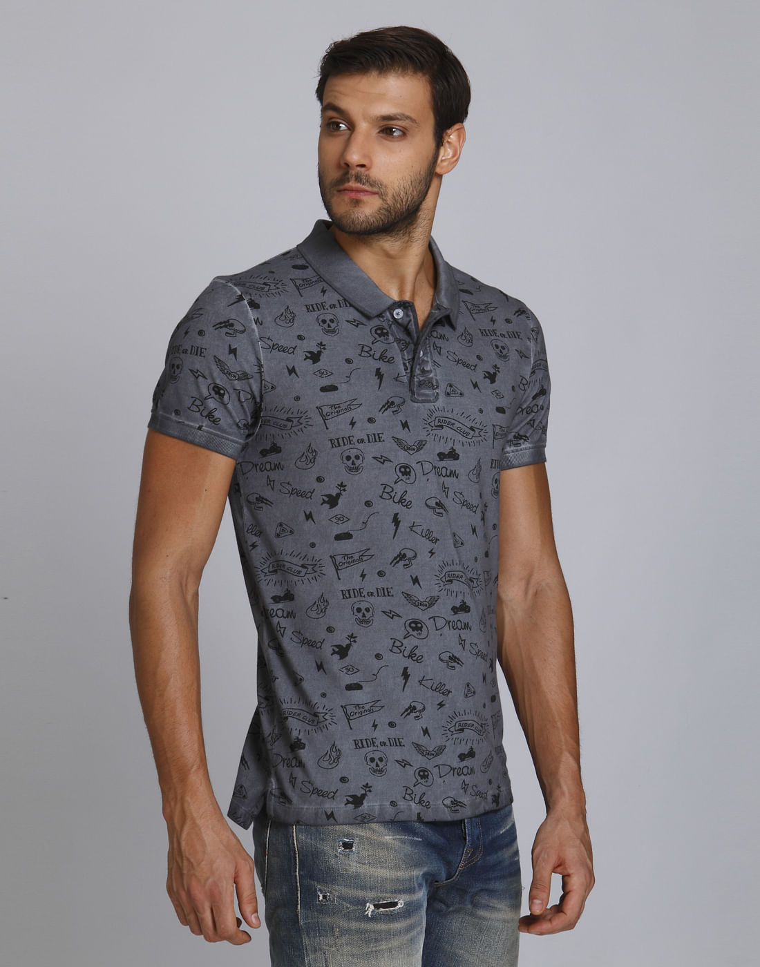 Dark Grey Scribble Print Polo T-Shirt