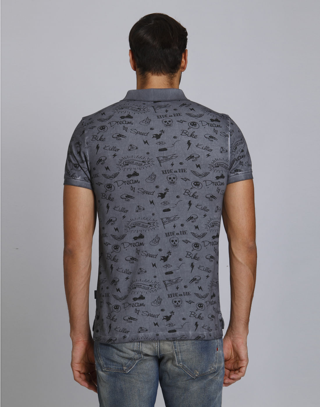 Dark Grey Scribble Print Polo T-Shirt