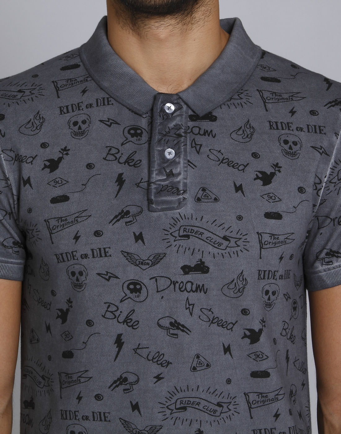 Dark Grey Scribble Print Polo T-Shirt