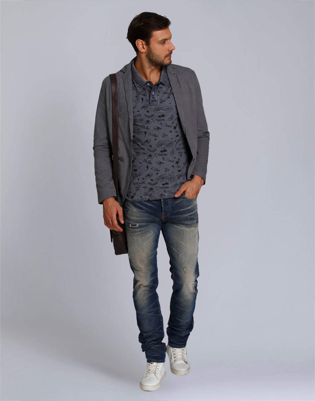 Dark Grey Scribble Print Polo T-Shirt