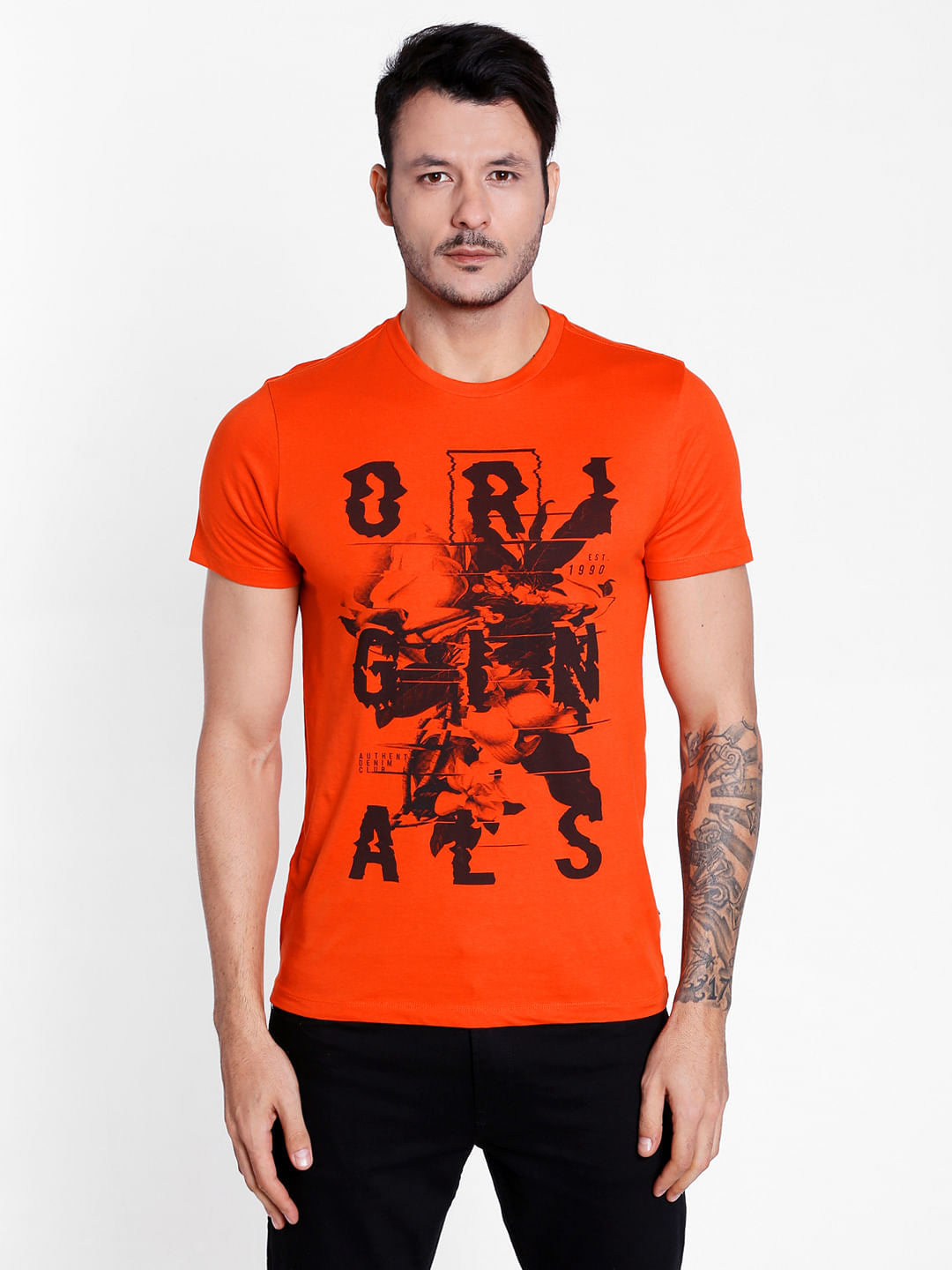 Orange Graphic Print Crew Neck T-Shirt - S