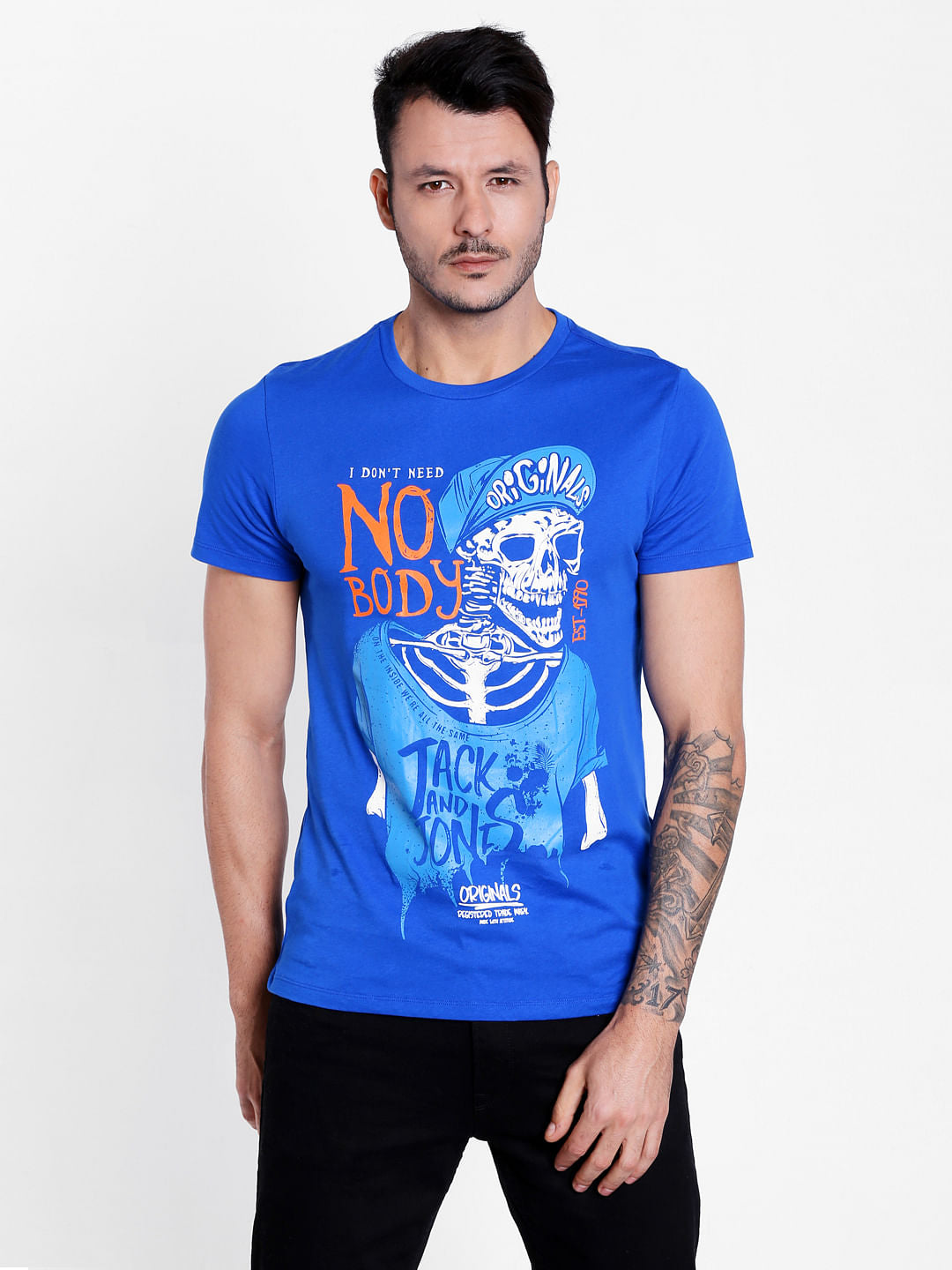 Blue Graphic Print Crew Neck T-Shirt - S