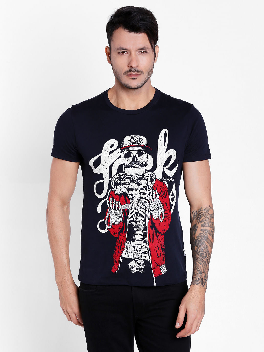 Blue Skeleton Print Graphic Crew Neck T-Shirt - S