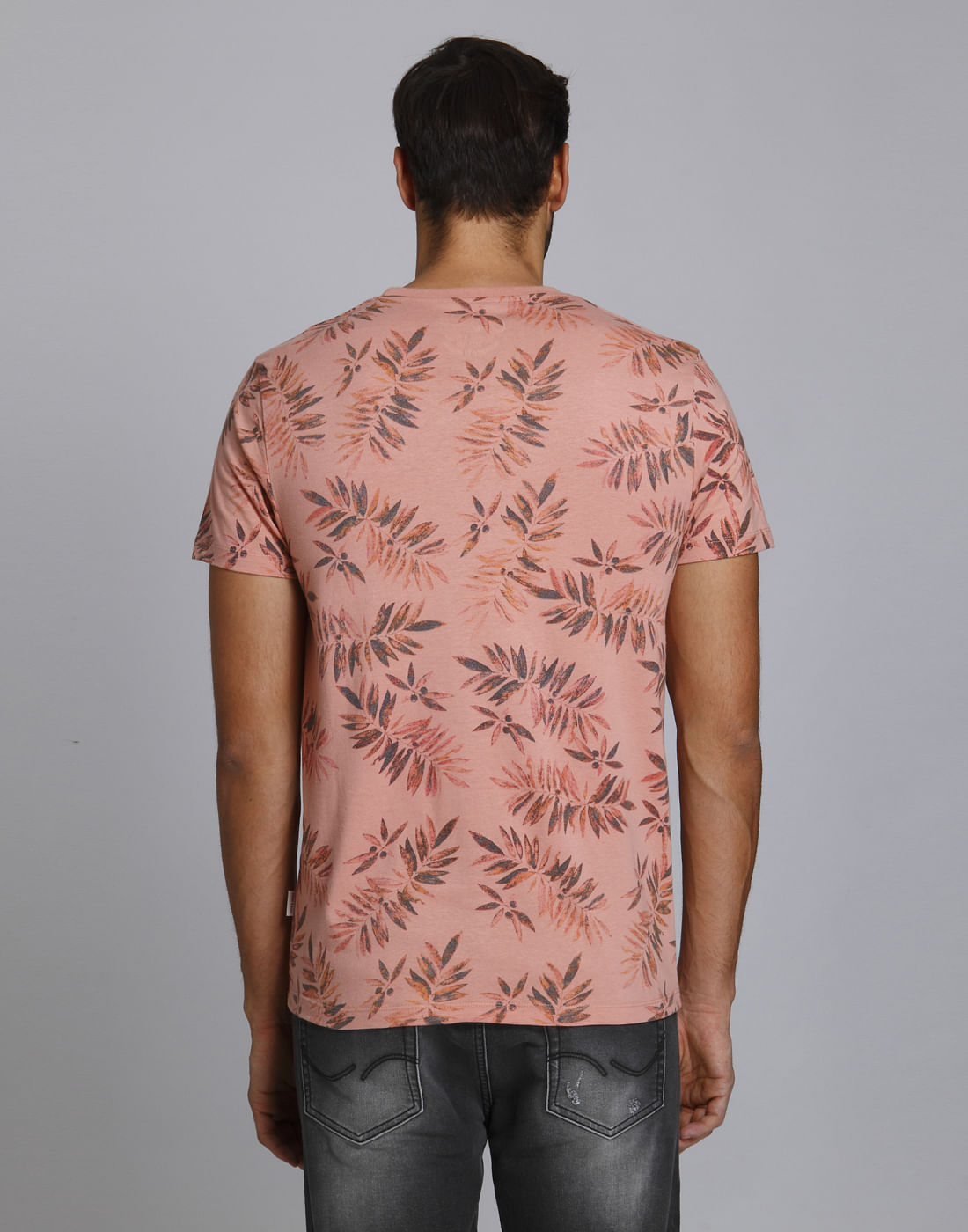 Peach Leaf Print Crew Neck T-Shirt