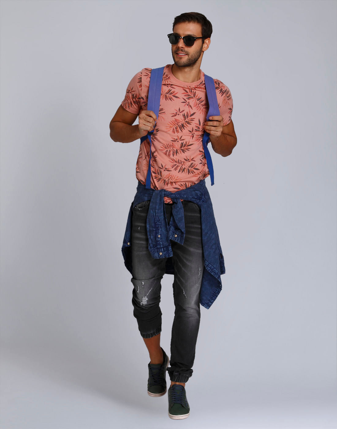 Peach Leaf Print Crew Neck T-Shirt