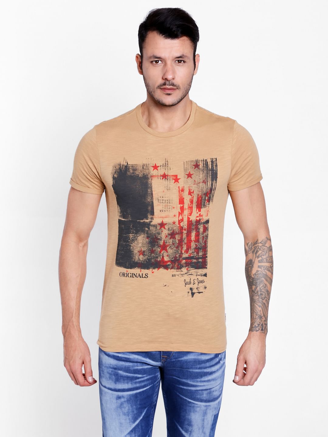 Tan Graphic Print Crew Neck T-Shirt - S